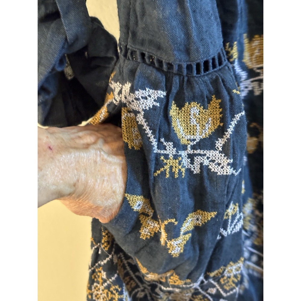 FREE PEOPLE Teal Blue Butterfly Flower Embroidered Dress S V Neck Boho - Picture 5 of 7